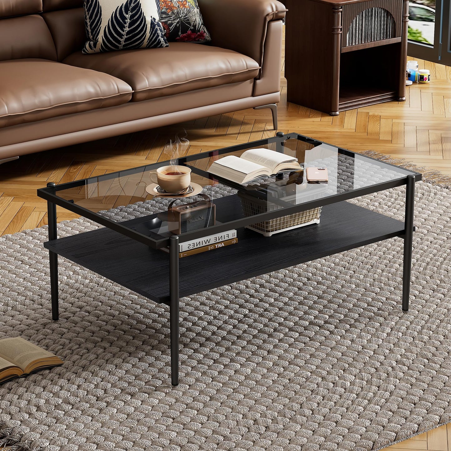 KELESY Modern Rectangle Coffee Table with Gray Tempered Glass Top and Metal Legs - Stylish Living Room Glass Table