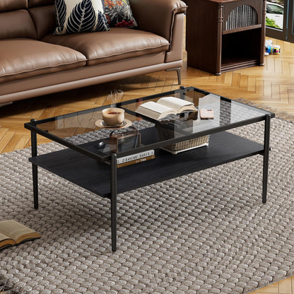 KELESY Modern Rectangle Coffee Table with Gray Tempered Glass Top and Metal Legs - Stylish Living Room Glass Table