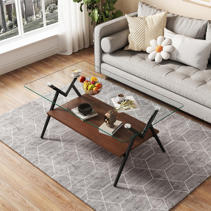KELESY Modern Rectangle Coffee Table with Tempered Glass Top and Metal Legs - Stylish Living Room Glass Table