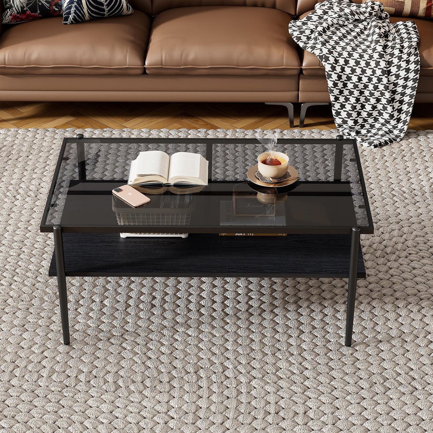 KELESY Modern Rectangle Coffee Table with Gray Tempered Glass Top and Metal Legs - Stylish Living Room Glass Table