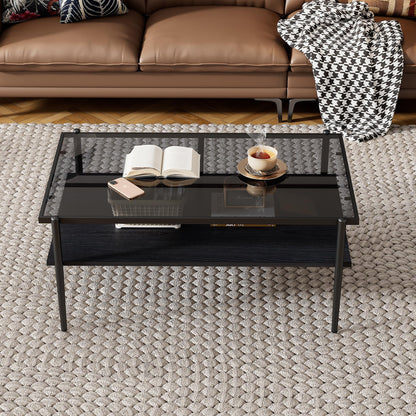KELESY Modern Rectangle Coffee Table with Gray Tempered Glass Top and Metal Legs - Stylish Living Room Glass Table