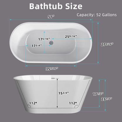 51 Inch Acrylic Freestanding Bathtub Contemporary Soaking White Tub with Overflow and Pop-up Drain Gloss White