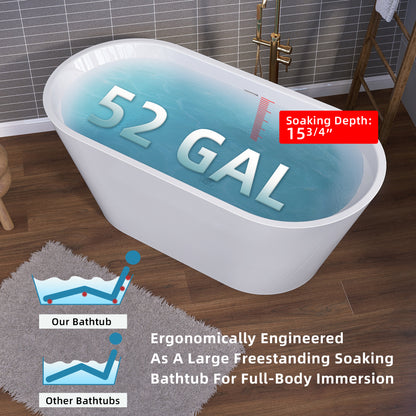 51 Inch Acrylic Freestanding Bathtub Contemporary Soaking White Tub with Overflow and Pop-up Drain Gloss White