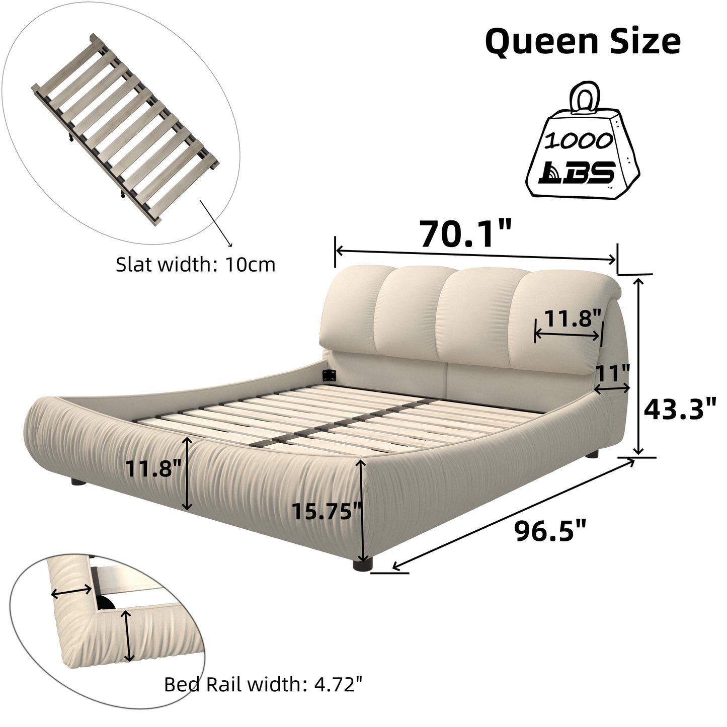 Queen Size Luxury Upholstered Platform Bed with Oversized Padded Backrest and Solid Wood Frame,suitable for Multiple heights of mattresses,Beige